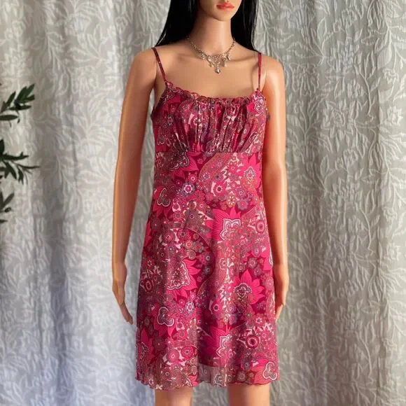 Vintage 90s California Concepts Pink Paisley Mesh Overlay Milkmaid Dress Size M - Picture 2 of 8
